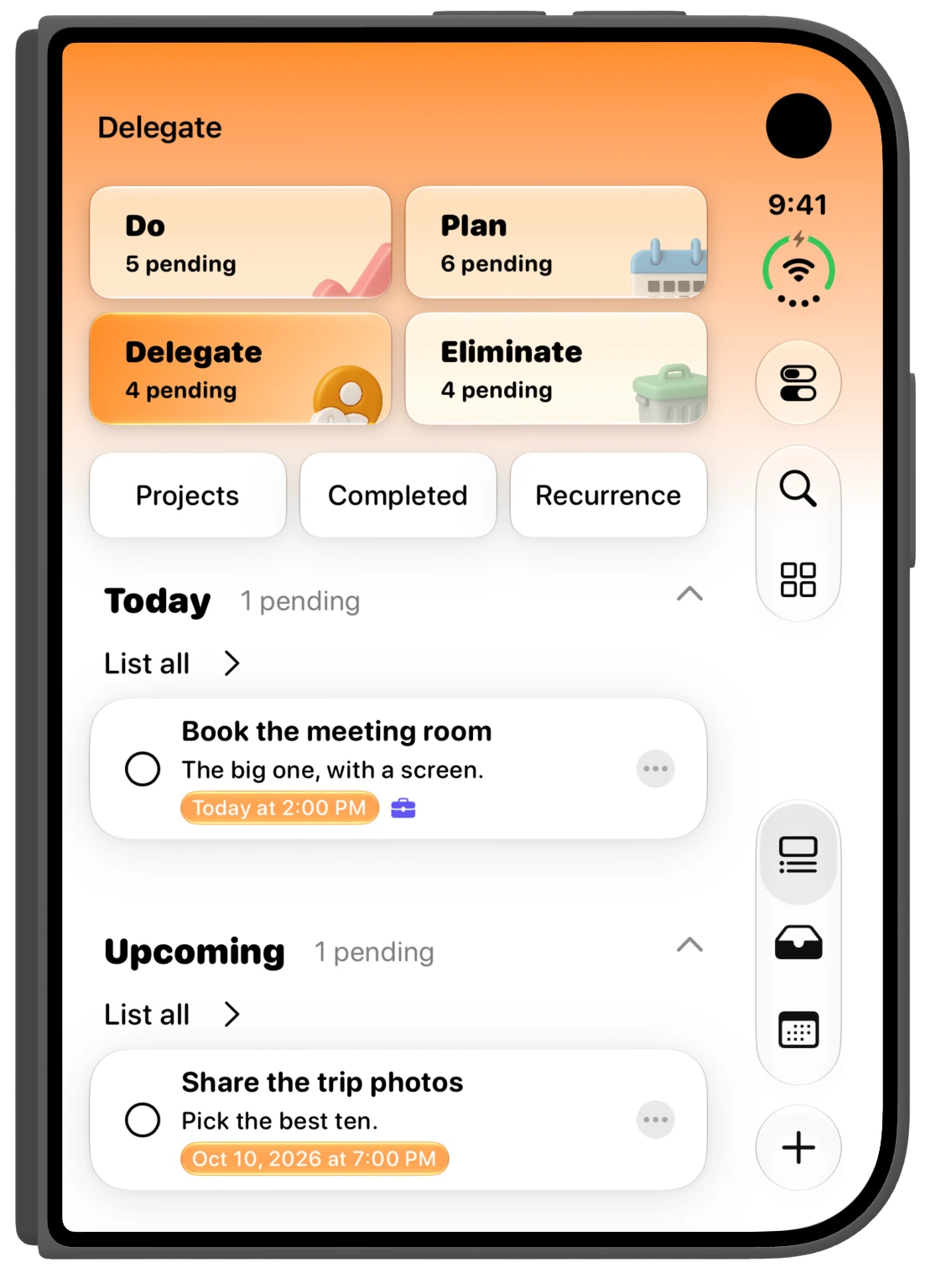 MinTask Focus screen on the folded iPhone Duo, Delegate quadrant selected, navigation in a vertical side bar