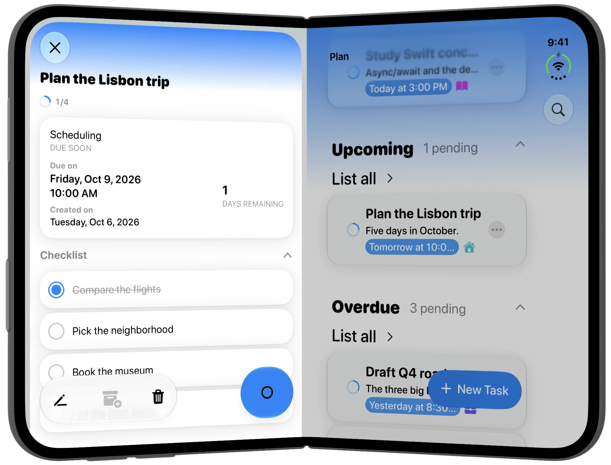 MinTask on a half-open iPhone Duo: the Plan the Lisbon trip task with its checklist on the left half, the Plan list on the right