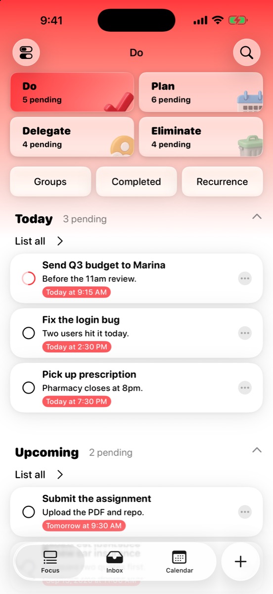 MinTask Focus screen showing the Do quadrant on iPhone