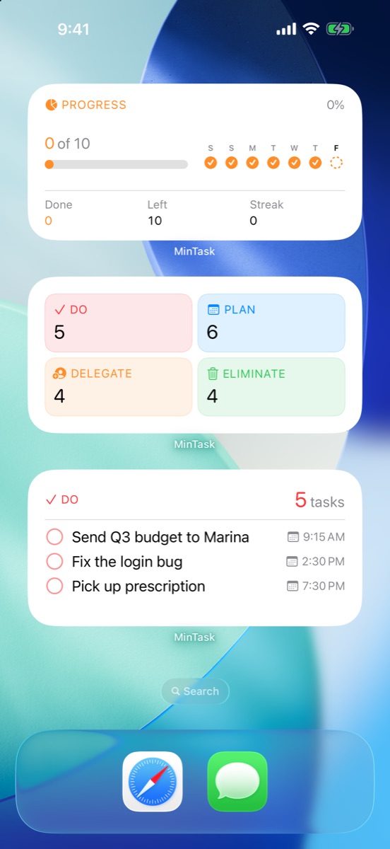 MinTask widgets on the Home Screen